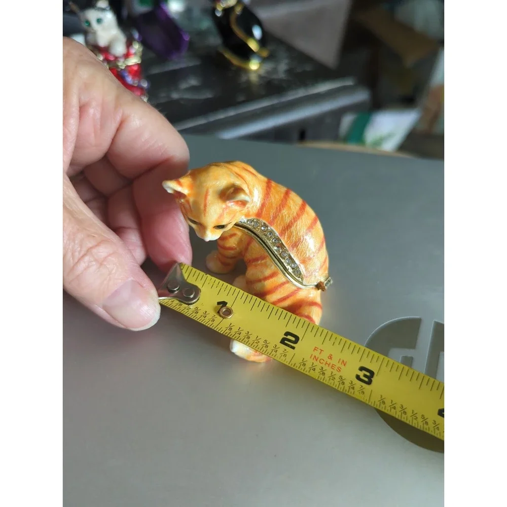 Orange Striped Cat Trinket Box Hinged Jeweled Collar Enameled  Heavy